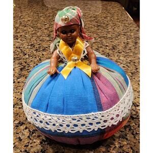 Vintage Pin Cushion / Half-Doll Open & Closing Eyes Fabric Head Wrap